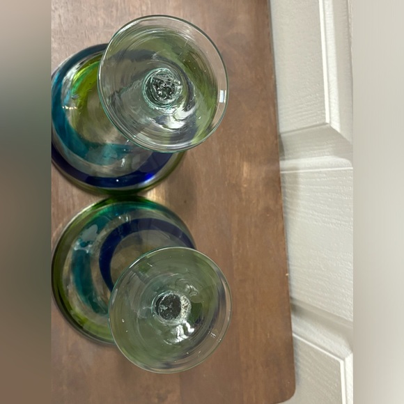 16Oz Hand Blown Margarita Glasses Blue Green Swirls Set of 2 Made in Mexico - Picture 11 of 13